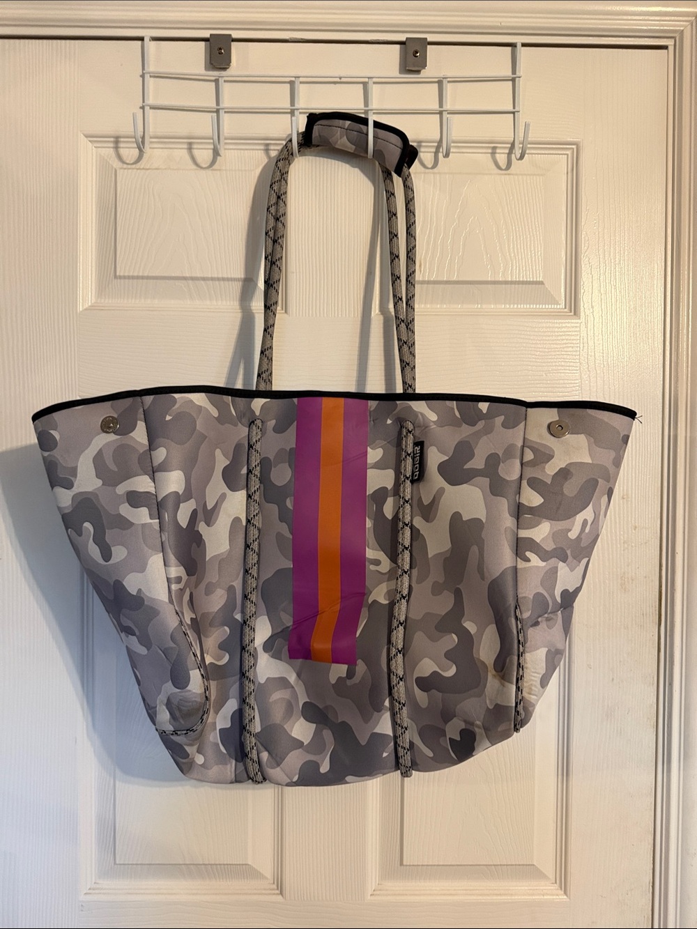 Grey Camo Neoprene Tote with Pink and Orange Stripe